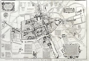 Frontispicio de Oxonia antiqua restaurata, una vista aérea de Oxford, versión reducida del original por Ralph o Radulph Agas (c.1540-1621) de 1578, por Joseph Skelton, Oxford, grabado por W de English School